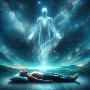 May include: A person lies on a wooden surface with their eyes closed, as a glowing, ethereal figure ascends into a starry sky.