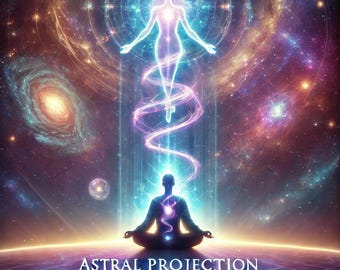 May include: A person meditating in a lotus position with a glowing light above them. The light is connected to a figure in the sky, surrounded by stars and galaxies. The text "Astral Projection Course" is at the bottom of the image.