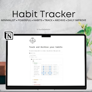 Puede incluir: Un ordenador portátil que muestra una página de Notion titulada "Habit Tracker". La página presenta un diseño minimalista con una interfaz similar a un calendario para realizar un seguimiento de los hábitos. El texto "Track and Archive your habits" se muestra encima del calendario.