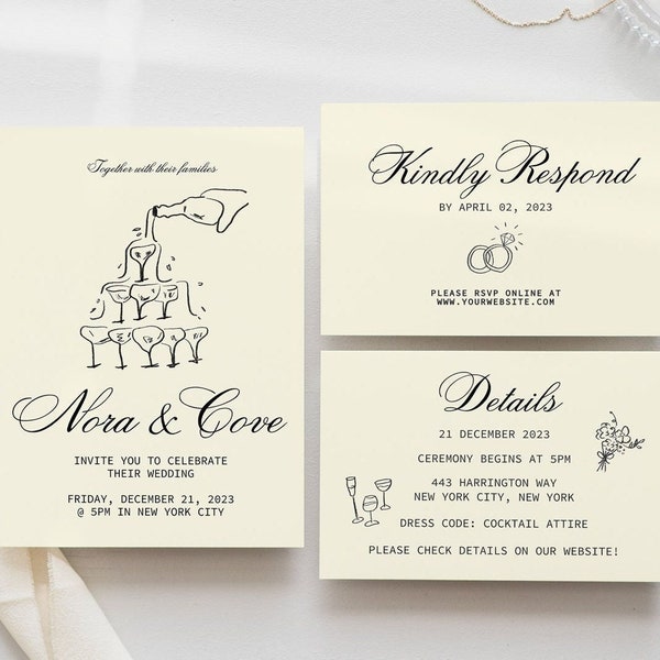 Wedding Invitation Suite Template, RSVP, Details Card, Hand Drawn, Champagne Tower, Diamond Ring, French Style, Editable | 55