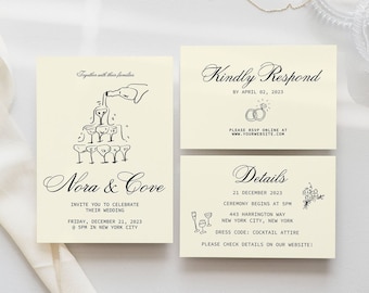 Wedding Invitation Suite Template, RSVP, Details Card, Hand Drawn, Champagne Tower, Diamond Ring, French Style, Editable | 55