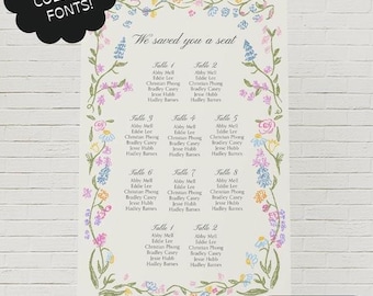 Editable Wedding Seating Chart Template, Hand-Drawn Pastel Floral Border, Printable, Whimsical Seating Chart, Garden Party, Colorful | 12i