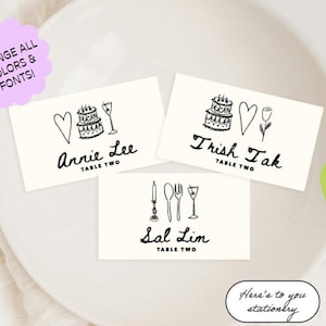 Name Card Template, Name Tags, Colorful, Hand drawn Wedding On the day Stationery, Place Card Template, Whimsical