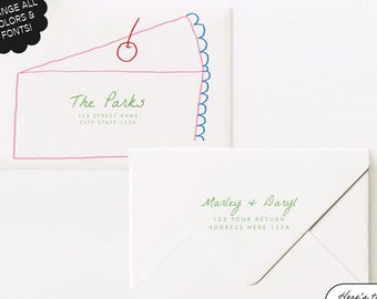 PRINTABLE ENVELOPE TEMPLATE, Addressed Wedding Invitation Envelope, Whimsical, Quirky Illustration, Envelope Hand Drawn, Cake Slice Drawing