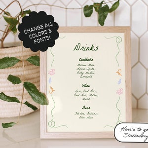 Modèle de menu de bar floral fantaisiste, Garden-party, Dessiné à la main, Enseigne de boisson signature, Carte de cocktails manuscrite, Fleurs, Noeud de ruban, Griffonnage | 37