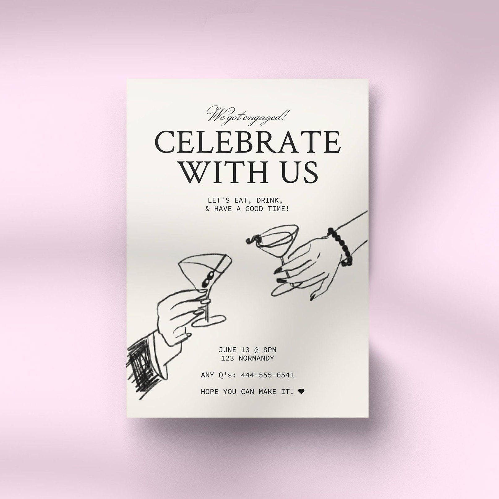 Party Invitation, Hand drawn Vintage Scribble Illustration, Cheers Drinks, Engagement Party Invite template, Cocktails Drawing | 22