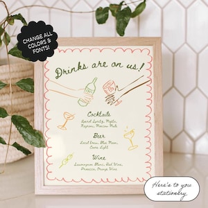 Cocktail Menu Sign Template, Signature Drinks Sign, Hand drawn & Handwritten illustrated Whimsical Wedding Menu, Funky, Quirky, Fun Bar Sign