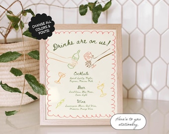 Szablon znaku menu koktajlowego, znak drinków, rysowane ręcznie i ilustrowane ręcznie fantazyjne menu weselne, odjechany, osobliwy, zabawny znak baru