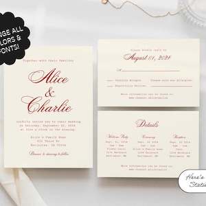 Modello per inviti, inviti di nozze, stile macchina da scrivere, invito semplice e fantasioso, minimalista, rosso, carta da lettere romantica, modificabile / 90