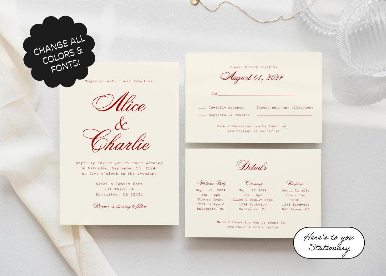 Invitation Suite Template, Wedding Invites, Typewriter Style, Simple ...