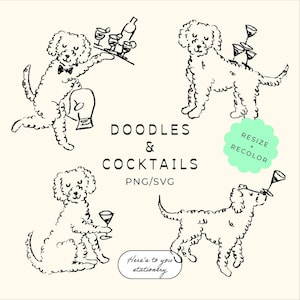 Może przedstawiać: Czarno-białe ilustracje pudli z koktajlami. Jeden pies serwuje drinki, inni je trzymają lub balansują. Tekst brzmi "Doodles & Cocktails" i "Here's to you stationery."