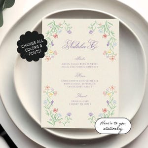 Plantilla de menú personalizada, dibujada a mano, manuscrita, para cenas caprichosas, fiestas en el jardín, menú de boda, colorida, primaveral, nupcial / 12c