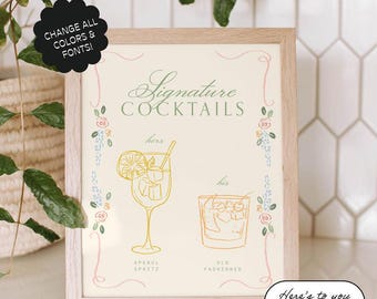 Plantilla de letrero de bebidas de autor, cócteles personalizados, letrero de bar, dibujado y escrito a mano, menú de bar bohemio, boda caprichosa en un jardín / 91