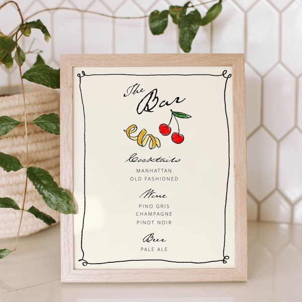 Editable Hand Drawn, Cocktail Menu, Hand Written, Cherries, Orange Peel, Printable Menu, Wedding Menu Stationery, Template  | 58