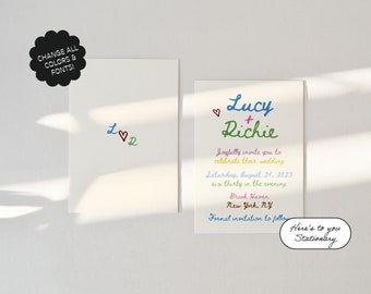 Colorful Chic Save The Date Template, Handwritten Font, Rainbow, Whimsical, Watercolor Writing, Simple, Editable | 81