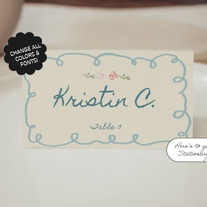 Plantilla de tarjeta de nombre floral para boda, tarjeta de lugar dibujada a mano, cinta, fuentes manuscritas, invitación a fiesta en el jardín, editable / 08