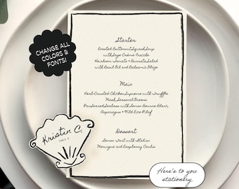 Menu + Place Card Template, Hand drawn & Handwritten Menu, Whimsical Dinner Party, Wedding Menu, Seashell, Coastal Wedding, Seaside | 12d