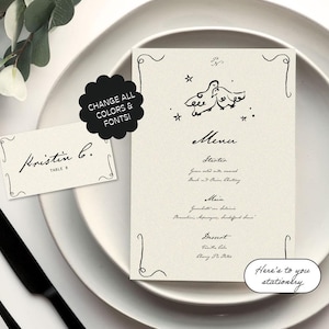 Modelo de menu desenhado à mão + cartão de visita, menu caprichoso, desenho de pássaro do amor, menu ilustrado, manuscrito, ilustração de pomba, cartão de lugar | 12b