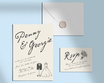 Editable Hand Drawn Party Invitation set, Bride & Groom, French Vintage Style Illustration, Wedding Invitation, RSVP, Digital download  | 72