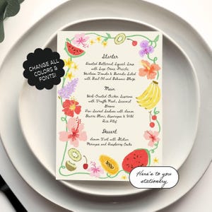Modèle de menu, Menu de mariage, Illustrations de fruits, Mariage d'été, Mariage dans le jardin, Insolite, Dessiné à la main, Mariage à Hawaï, Dessin à l'hibiscus | 12a
