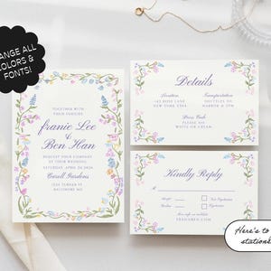 Whimsical Wedding Invitation Template, Invitation Set, colorful, Floral, Garden Party, Whimsical, Hand Drawn illustrations | 12i