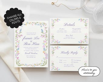 Grillige sjabloon huwelijksuitnodiging, uitnodigingsset, kleurrijk, bloemen, tuinfeest, grillig, handgetekende illustraties | 12i