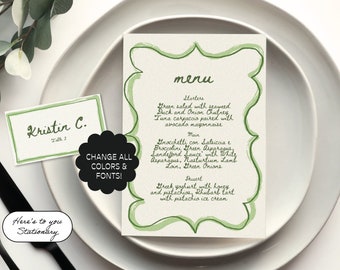 Menú editable dibujado a mano + plantilla de tarjeta de nombre, menú escrito a mano colorido, papelería de boda pintada a mano, tarjeta de lugar de boda / 33