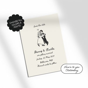 Hochzeit Save The Date Vorlage, süße Braut & Bräutigam Illustration, wunderlich, handgemacht, inspiriert von Orfeo Tagiuri | Nr. 87