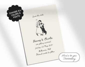 Hand Drawn Wedding Save The Date Template, Cute Bride & Groom Illustration, Whimsical, Handwritten, Inspired by Orfeo Tagiuri work | 87