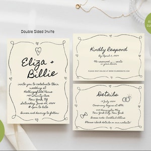 Bruiloftsuitnodigingssuite met RSVP, handgetekende illustraties, eigenzinnige, grillige rand, bruidstaart, retrotaart | 24