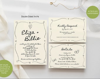Wedding Invitation Suite with Rsvp, Hand Drawn Illustration, Quirky, Ribbon Bow, Cake, Handwritten, Digital, Editable | 24