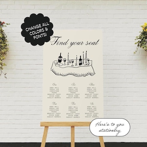 Modelo de placa de mapa de assentos, sinalização no dia, desenho de mesa de jantar, peculiar, desenhado à mão, ilustração de rabisco, velas, vinho | 49