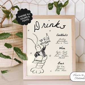 Modèle de menu de bar fantaisiste, Majordome de homard, Dessiné à la main, Enseigne de boissons signature, Carte de cocktails manuscrite, Mariage côtier, Griffonnage | 84