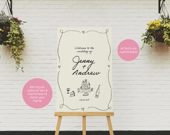 Wedding Welcome Sign Template, Handwritten Event Sign, Hand Drawn, Cake, Wine, Quirky, Rehearsal Dinner Sign, Editable | 24