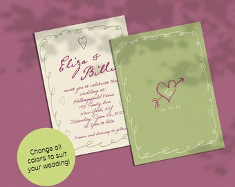 Whimsical Wedding Invitation Template, Save the Date, Handwritten, French Style, Hand Drawn, Doodle, Instant Download, Double Sided | 64