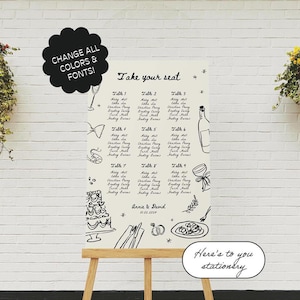 Wedding Seating Chart Template, Hand Drawn, Table Seating, Whimsical Seating Chart, Quirky Wedding Signage, Illustrations Doodle | 10a