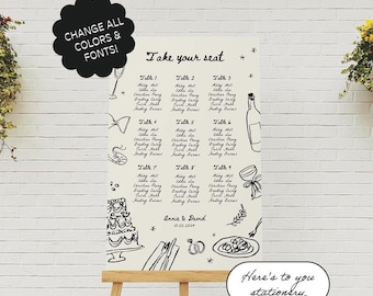 Modelo de gráfico de assentos para casamento, desenhado à mão, assentos à mesa, gráfico de assentos excêntrico, sinalização de casamento peculiar, ilustrações Doodle | 10a