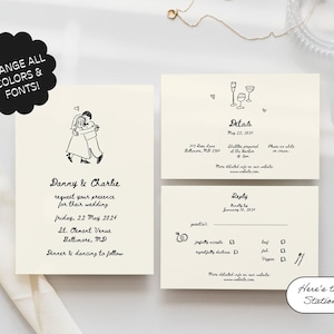 Handgezeichnete Hochzeitseinladung, niedliche Menschen, Scribble Illustration, wunderlich handgeschrieben, inspiriert von Orfeo Tagiuri Werken | Nr. 87