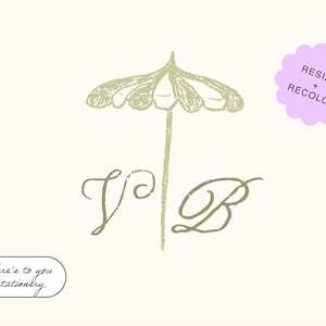 Hand Drawn Custom Wedding Monogram, Personalized Monogram, Beach Umbrella, Quirky Wedding Crest, Whimsical Crest, Editable, Digital Download