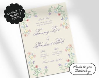 May include: Save the Date wedding invitation with a floral border in shades of pink, blue, green, and yellow. The invitation is for Tammy Lee and Richard Park, with the wedding date and location listed. The text "Here's to you Stationary" is in the bottom right corner.