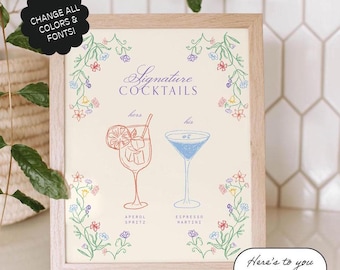 Plantilla de letrero de bar, Cócteles personalizados, Letrero de cóctel exclusivo, Letrero para eventos, Dibujado a mano, Floral, Fiesta en el jardín, Fantasía, Flores silvestres / 12c