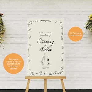 Wedding Welcome Sign Template, Event Sign, Quirky, Scribble Border, Hand Drawn, Illustration, Wine Glass, Cheers, Editable | 32
