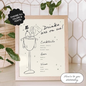 Modèle de menu de bar de mariage, carte de cocktails, illustration ludique, original, champagne dessiné à la main, refroidisseur de bouteille, illustration de mariés | 11b
