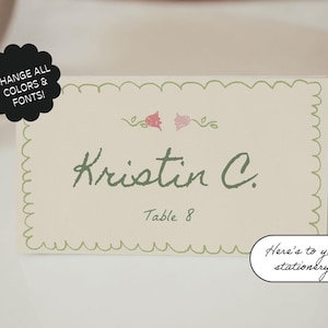 Whimsical Name Card Template, Floral Place Card, Wedding Place Card, Hand Drawn, Floral illustrations, Handwritten Place Setting | 8a