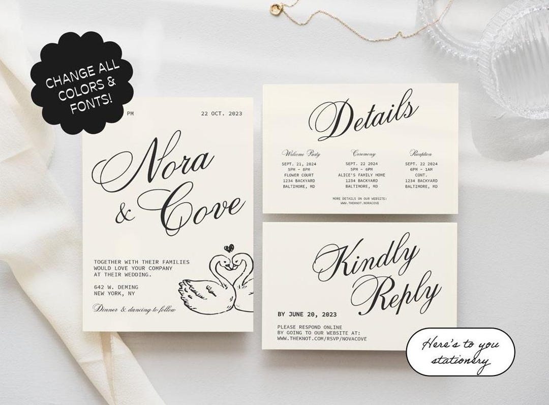 Conjunto de invitaciones de boda dibujadas a mano, ilustración de garabatos  de estilo vintage francés, boda en el jardín, RSVP, tarjeta de detalles,  ilustración de cisne / 09 - Etsy México, image size:1080x796