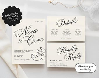 Hand Drawn Wedding Invitation suite, French Vintage Style Scribble Illustration, Garden Wedding, RSVP, Details Card, Swan Illustration | 09