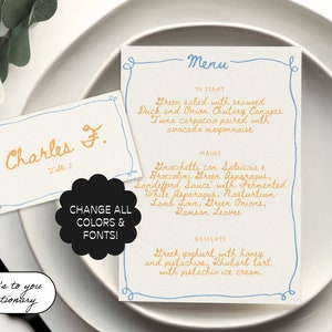 Plantilla de menú y tarjeta de presentación editables pintadas a mano, menú colorido escrito a mano, papelería de boda original, tarjetas de lugar, espirales / 74