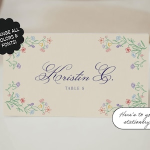 Whimsical Wedding Name Card Template, Floral Place Card, Garden Party, Hand Drawn, Scribble Illustration, Handwritten Place Setting | 12c
