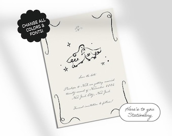 SAVE THE DATE Template, hand drawn invitation, whimsical handwritten unique, scribble illustration, love bird illustration, doves | 12b