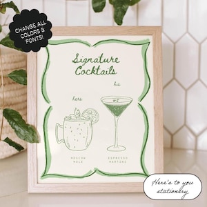 Signature Drinks Sign Template, Custom Cocktail, Handwritten, Whimsical Wedding Menu, Hand Drawn, Wavy Border, Bar Menu, Cocktail Sign | 33